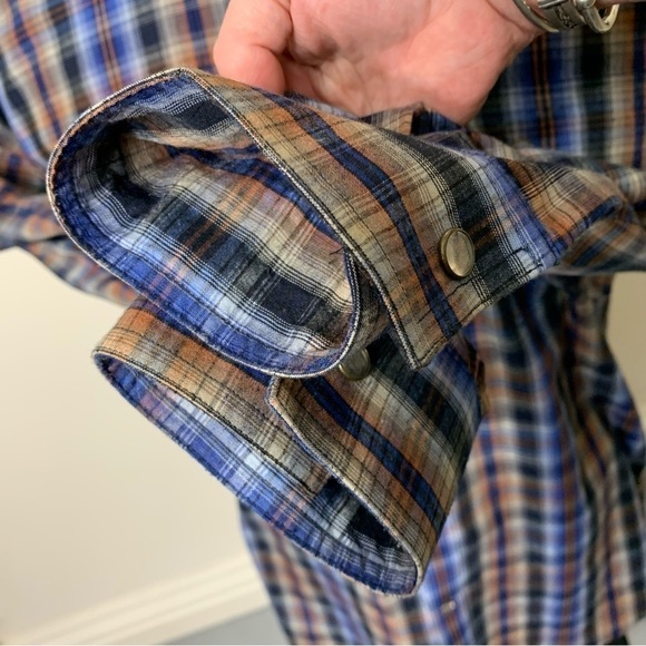 Leo Chevalier Design Western Plaid Button Up Shirt Clear Snap Sz M Blue Brown - Picture 8 of 10